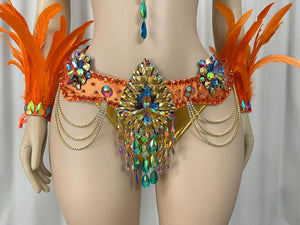 Carnival Dance Costume, Women's Orange Feathered Sequin Rhinestone Samba Mardi Gras Performance Outfit