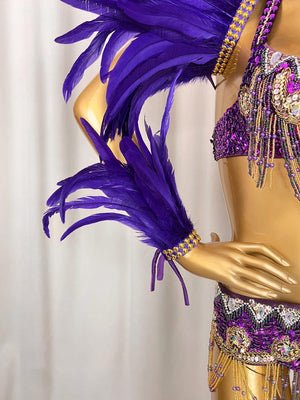 Women's Purple Sequin Feathered Latin Samba Dance Costume with Beaded Fringe