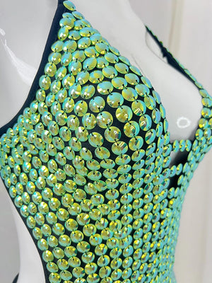 Women's Iridescent Sequin Rhinestone Halter Neck Dance Leotard - Ballroom, Latin, Jazz