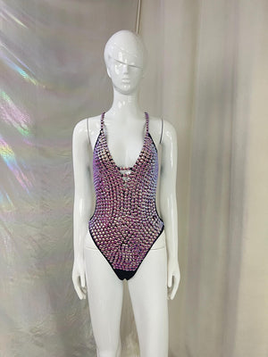 Women's Iridescent Sequin Rhinestone Halter Neck Dance Leotard - Ballroom, Latin, Jazz