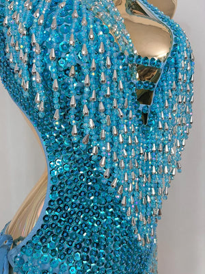 Women's Teal Sequin Beaded Fringe Halter Neck Latin Dance Bodysuit