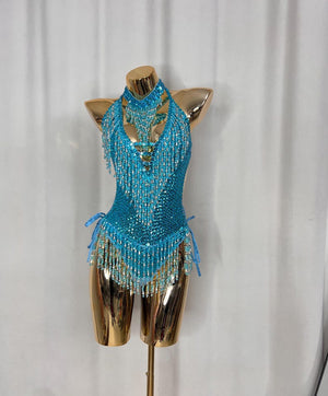 Women's Teal Sequin Beaded Fringe Halter Neck Latin Dance Bodysuit