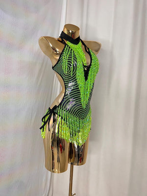 Women's Neon Green Sequin Beaded Fringe Halter Neck Dance Leotard