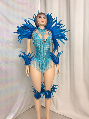 Carnival/Samba Dance Costume Women's Blue Sequin Beaded Feather Bodysuit with Arm Cuffs and Leg Bands