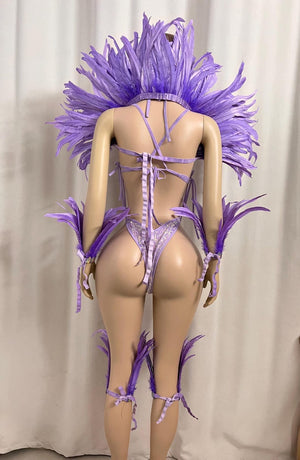 Women's Purple Feathered Rhinestone Crystal Bodysuit, Carnival Dance Costume