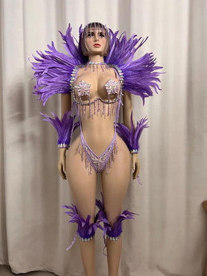 Women's Purple Feathered Rhinestone Crystal Bodysuit, Carnival Dance Costume