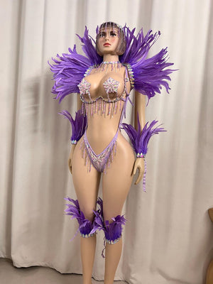 Women's Purple Feathered Rhinestone Crystal Bodysuit, Carnival Dance Costume