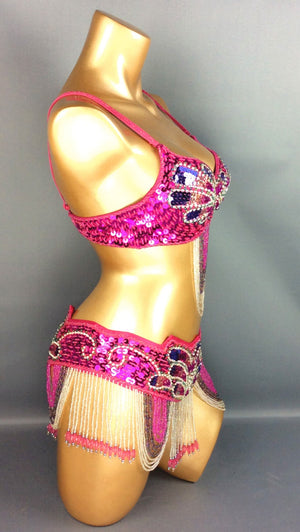 Belly Dance Costume Women's Hot Pink Sequin & Bead Embellished Bra & Belt Set with Dangling Chains, Professional Performance Wear