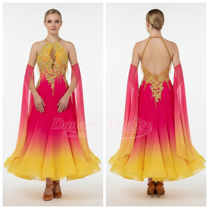 Women's Ballroom Dance Dress Sleeveless Chiffon Ombre Full Skirt For Waltz Foxtrot Competition