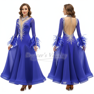 Adult Women AB Stones Long Sleeves Ballroom Dance Backless Dresses Customize Waltz Foxtrot Tango Quickstep Professional Outfit