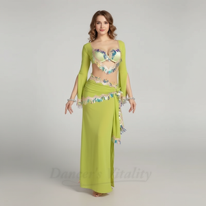 Women's Belly Dance Baladi Saidi 4-Piece Costume Set With Robe, Bra, Headscarf, Hip Scarf For Competition