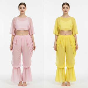 Women's Belly Dance Training Outfit With Long-Sleeve Top And Chiffon Lantern Pants