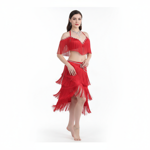 Women's Adult Belly Dance Costume Set With Tassel Bra, Rhinestone Belt And Skirt For Performance
