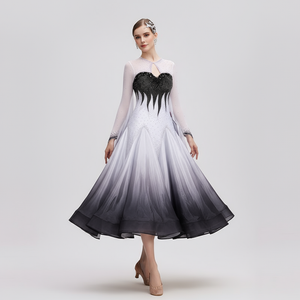 Ballroom Dance Dress International Standard Silk Black White Ombre Pearl-Embellished For Women's Competition