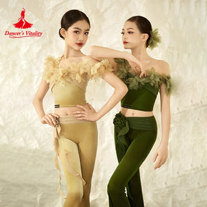 Girls' Gold & Green Velvet Floral Off-Shoulder Dance Top & Pants Set, Modern Lyrical Ballet Contemporary
