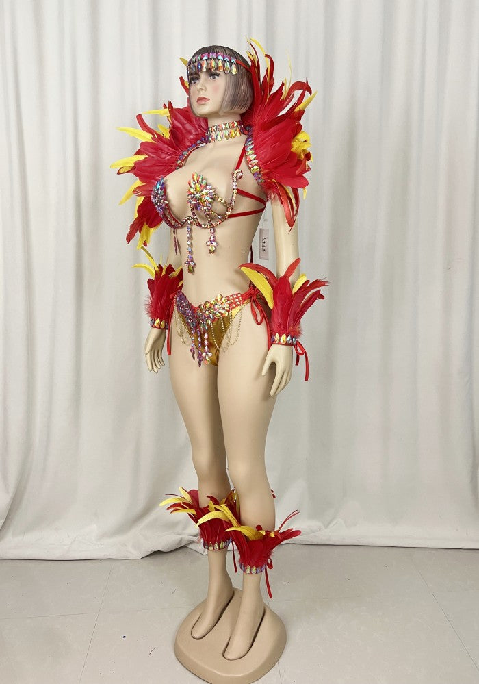 Top Quality Handmade Samba Rio Carnival Wire Bra+Belt+feather shawl With Stone Sexy Belly Dancing Costume