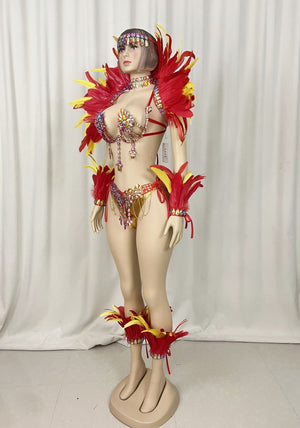 Top Quality Handmade Samba Rio Carnival Wire Bra+Belt+feather shawl With Stone Sexy Belly Dancing Costume