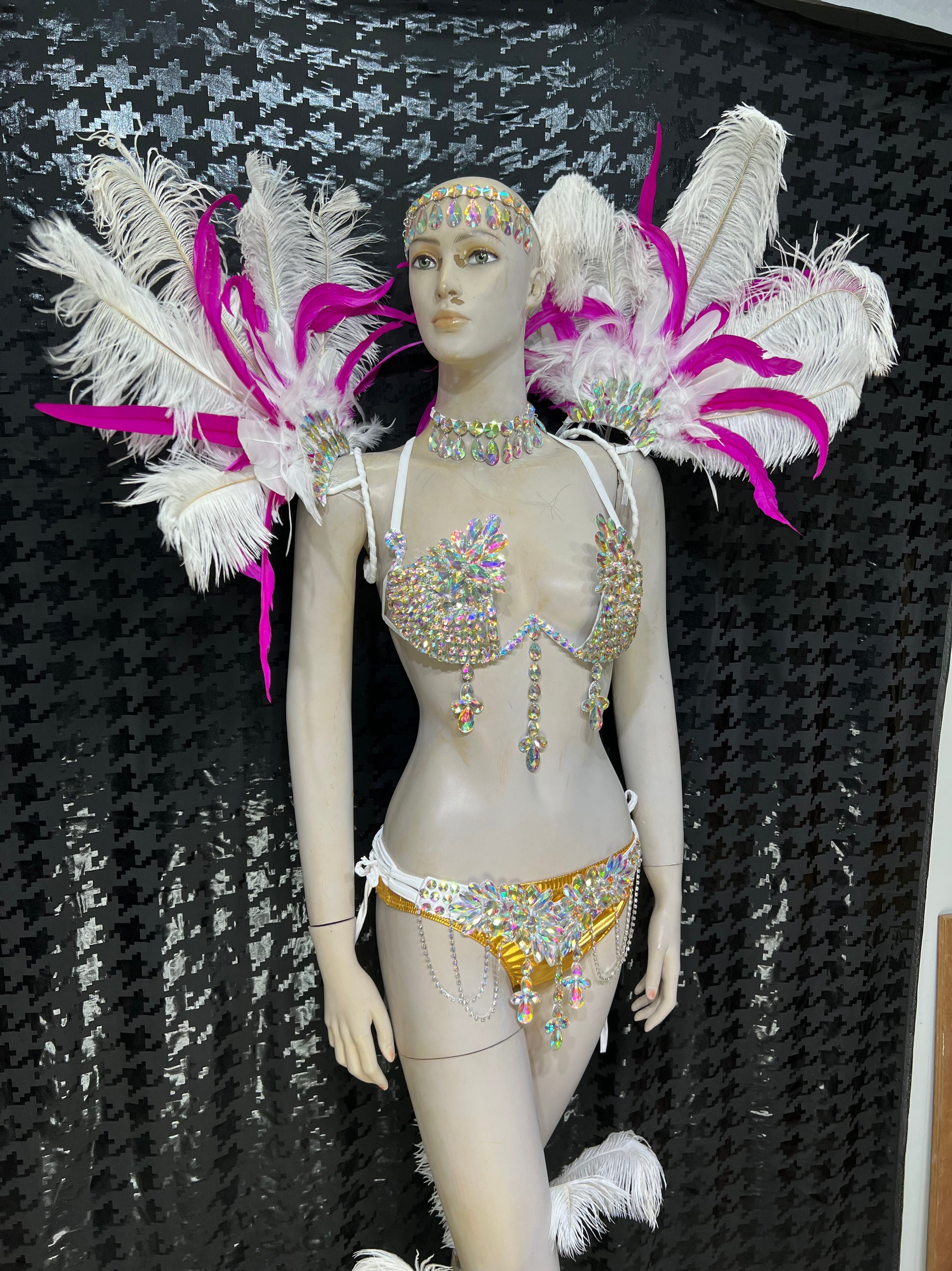 Top Quality Handmade Samba Rio Carnival Wire Bra+Panty+Feather Headdresncs With Stone Sexy Belly Daing Costume CF002-2