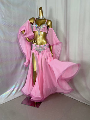 New Style Samba Carnival Handmade Belly Dance Costumes Pink Color Performance Costumes Bra Belt Skirt With Arm Sleeves 5 Piece/Set