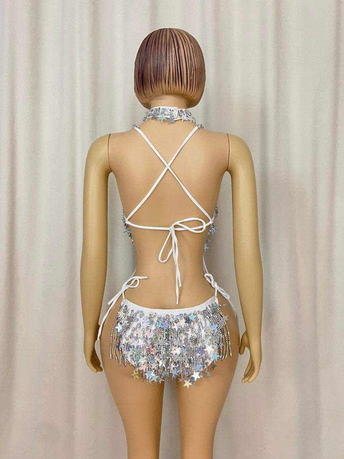 Halloween Handmade Stars Bodysuit With Necklace Silver Color For Samba Carnival Performance