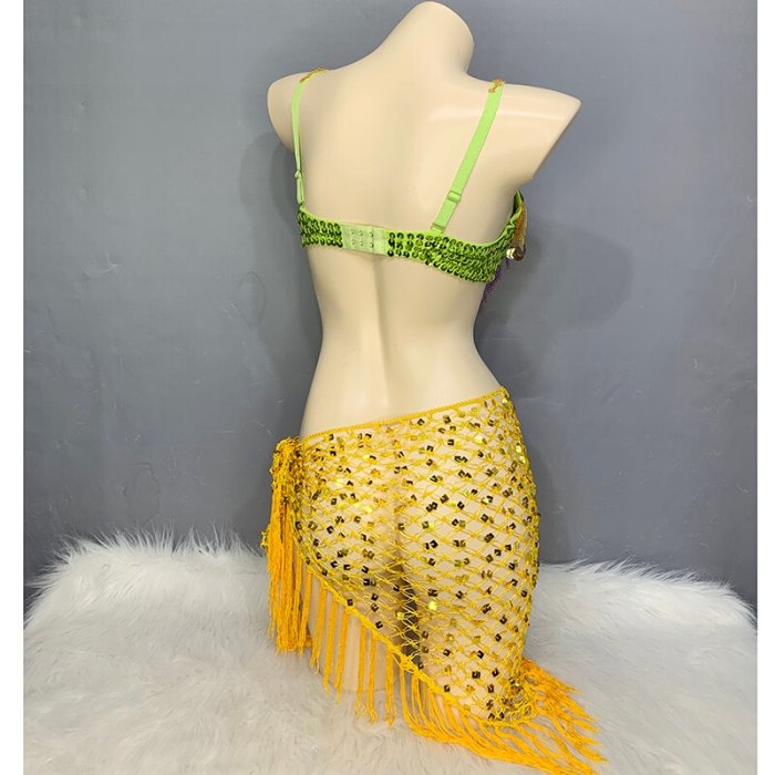 New Women Belly Dancing Suite Beaded Sequined Bra+ Long Tassel Hip Scarf 2PCS Set Samba Costumes Club Night Dance Wear N21007