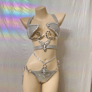 Samba Carnival Handmade Wire Bra And Bottom With Stones Silver Color For EDC Festival