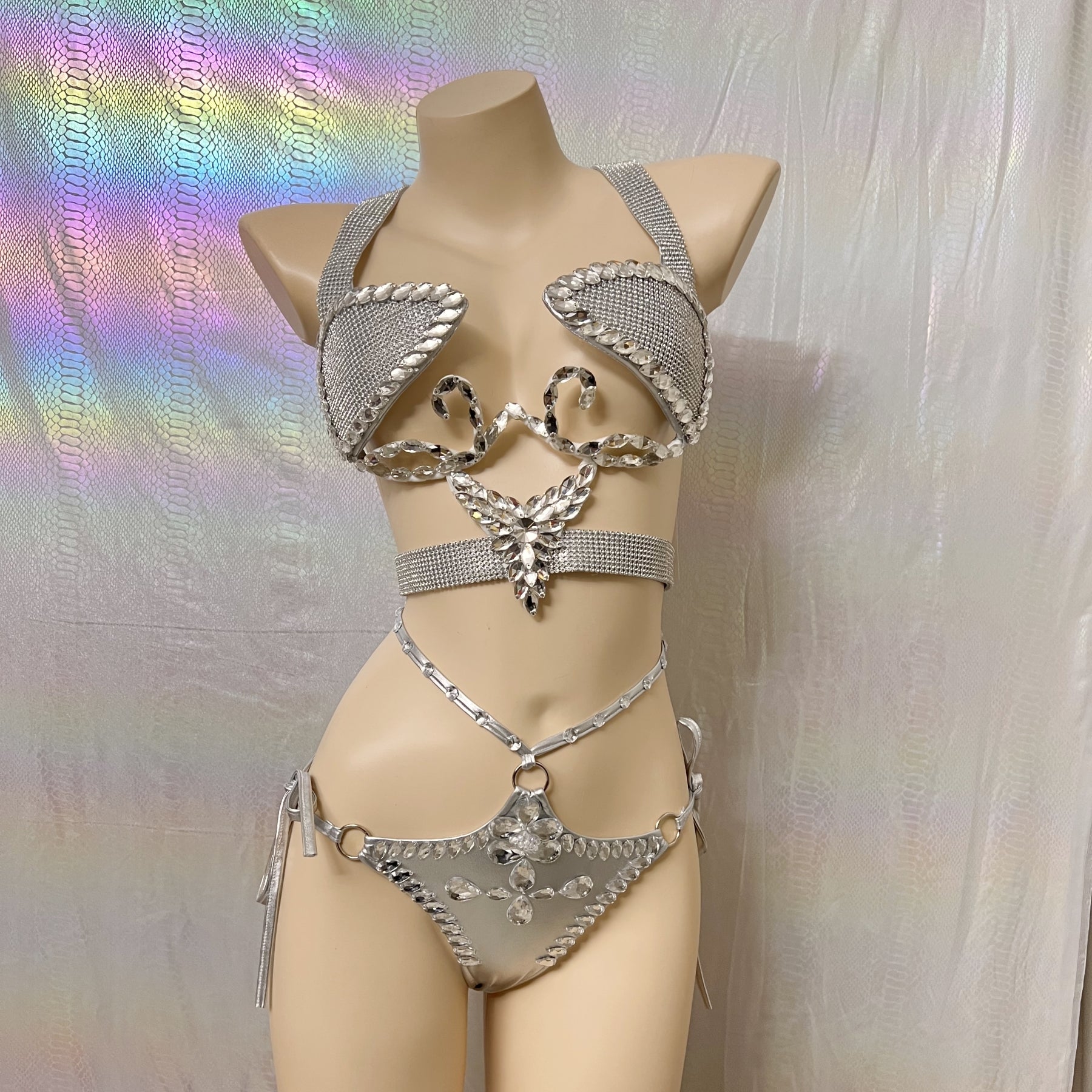 Samba Carnival Handmade Wire Bra And Bottom With Stones Silver Color For EDC Festival
