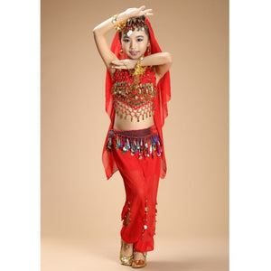 Hot sale kids belly dance 4pcs(top+pants+waist chain+veil) indian clothes rose/red/yellow girls belly dance costume 3306