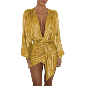 Multicolor Shiny Metallic Deep V-Neck Long Sleeve Mini Dress Irregular Draped Bandage Wrap Sexy Elegant Women Vestido