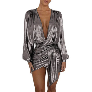 Multicolor Shiny Metallic Deep V-Neck Long Sleeve Mini Dress Irregular Draped Bandage Wrap Sexy Elegant Women Vestido