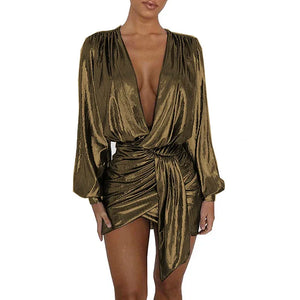 Multicolor Shiny Metallic Deep V-Neck Long Sleeve Mini Dress Irregular Draped Bandage Wrap Sexy Elegant Women Vestido