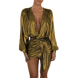 Multicolor Shiny Metallic Deep V-Neck Long Sleeve Mini Dress Irregular Draped Bandage Wrap Sexy Elegant Women Vestido