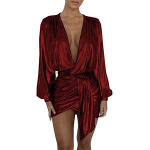 Multicolor Shiny Metallic Deep V-Neck Long Sleeve Mini Dress Irregular Draped Bandage Wrap Sexy Elegant Women Vestido