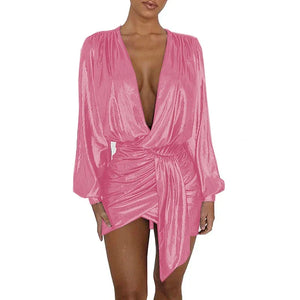 Multicolor Shiny Metallic Deep V-Neck Long Sleeve Mini Dress Irregular Draped Bandage Wrap Sexy Elegant Women Vestido