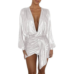 Multicolor Shiny Metallic Deep V-Neck Long Sleeve Mini Dress Irregular Draped Bandage Wrap Sexy Elegant Women Vestido