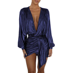 Multicolor Shiny Metallic Deep V-Neck Long Sleeve Mini Dress Irregular Draped Bandage Wrap Sexy Elegant Women Vestido