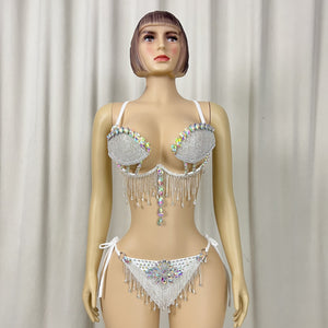 New style Samba Carnival Handmade Wire Bra And Panty With Stones,Diamond Chain Sexy Costumes For EDC Outfits Silver Color