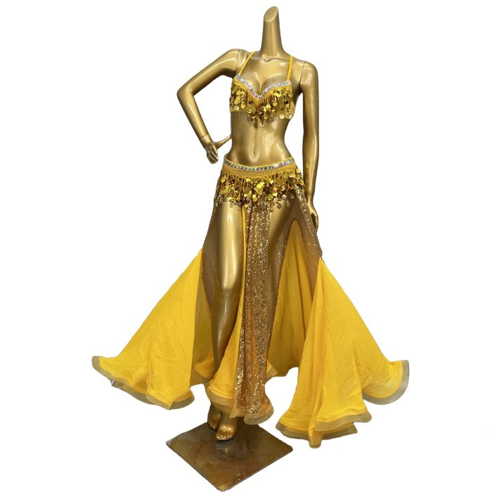 Party Club Samba Bra Belt and Panty With Skirt Gold Color Rave Costumes C030+SK1911