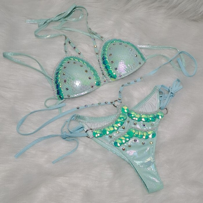 New Sexy Beading Sequined Summer Swimsuit Women 2 Pieces Bikini Shiny Swimsuit Set Monokini Swimwear Beachwear Bathing Suit