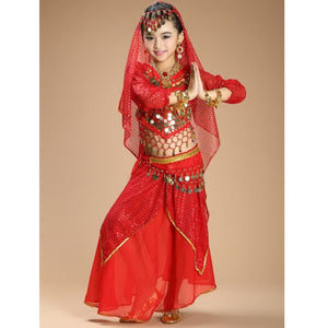 NEW kids belly dance 4pcs(top+skirt+waist chain+veil) indian clothes yellow+h.pink+red girls belly dance costume 3302
