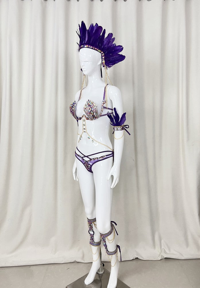 Samba Carnival Handmade Wire Bra And Bottom With Feather Headpiece And Arm,Leg Piece For Halloween Festival