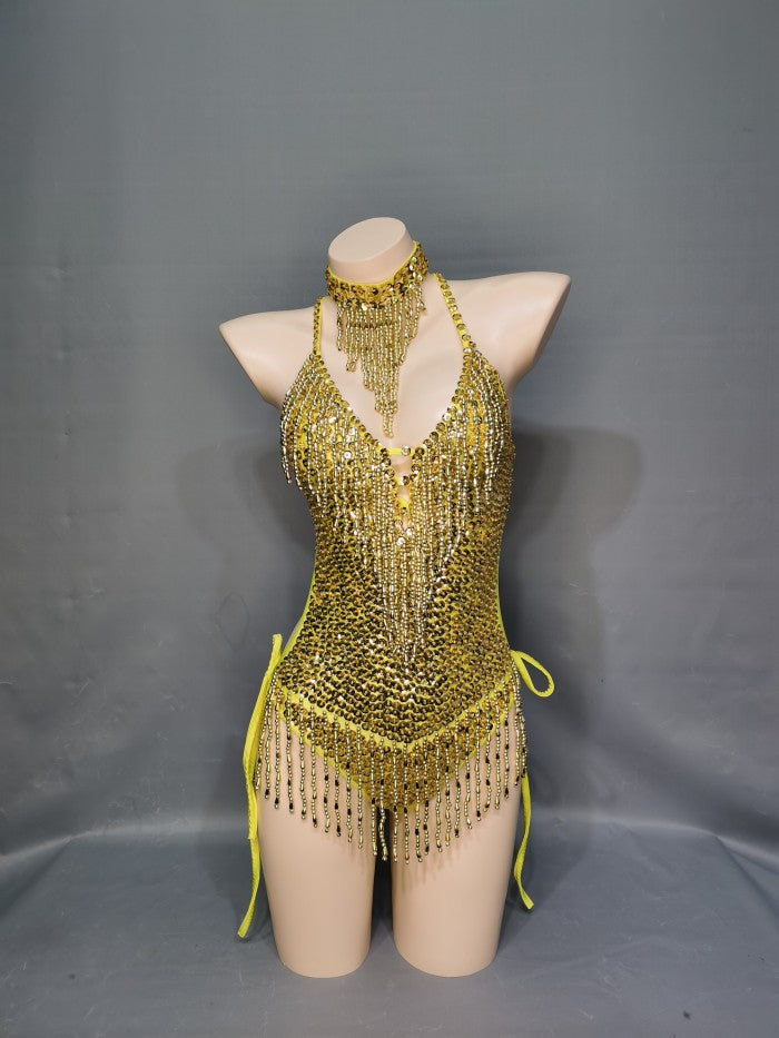 Flashing Yellow Sequins One-Piece Bodysuit Women's Singer Dance Sexy Evening Carnival Costumes Stage Dance Wear Nightclub Outfit BS11