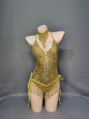 Flashing Yellow Sequins One-Piece Bodysuit Women's Singer Dance Sexy Evening Carnival Costumes Stage Dance Wear Nightclub Outfit BS11