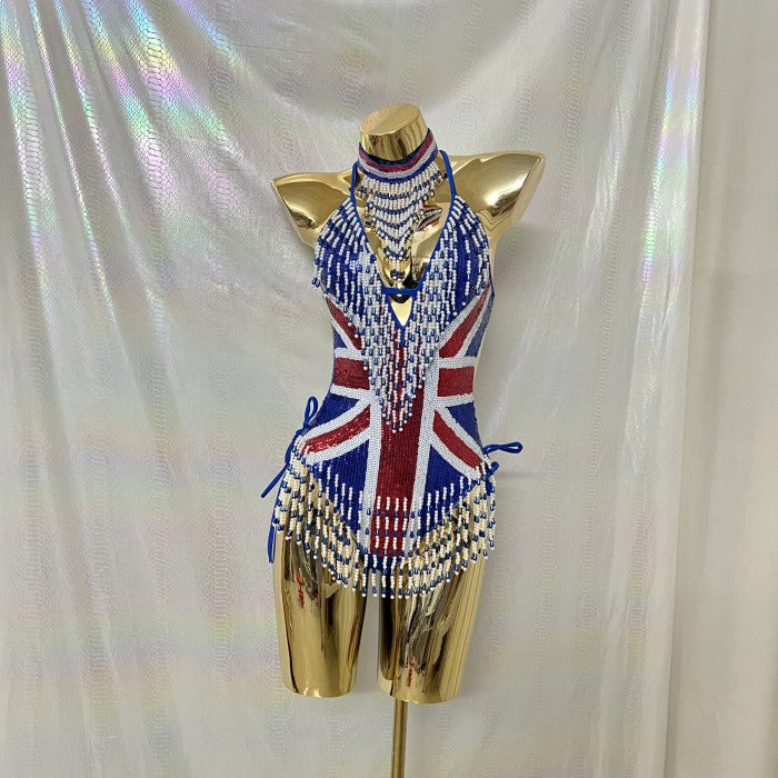Sexy Women Beads Bodysuit Sequins Swimsuit Rave Dancer One-piece Outfit Flag Of United States And United Kingdom Costumes