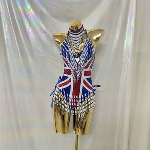 Sexy Women Beads Bodysuit Sequins Swimsuit Rave Dancer One-piece Outfit Flag Of United States And United Kingdom Costumes