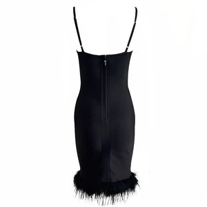 Elegant Black Feather-Trim Evening Dress with U-Neck and Slim Fit Design