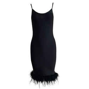 Elegant Black Feather-Trim Evening Dress with U-Neck and Slim Fit Design