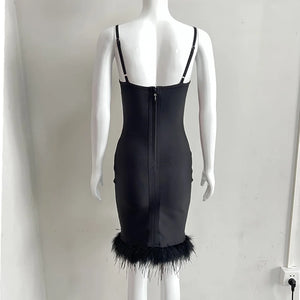 Elegant Black Feather-Trim Evening Dress with U-Neck and Slim Fit Design