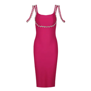 Elegant Pink Bandage Dress with Square Collar and Diamond Chain Detail