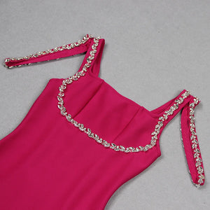 Elegant Pink Bandage Dress with Square Collar and Diamond Chain Detail